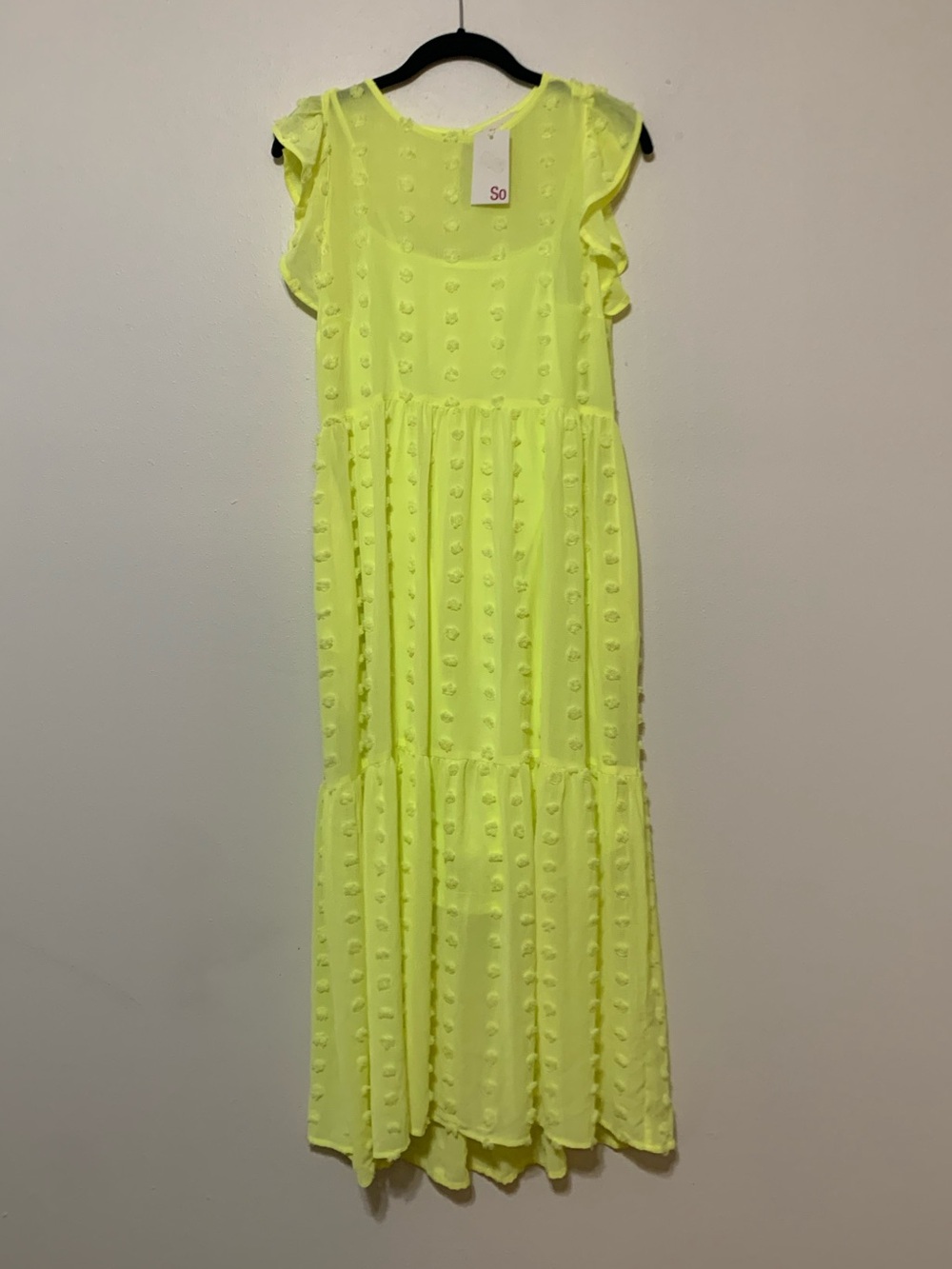 SO Polka Dot Textured Ruffle Sleeve Midi Sundress Yellow Women’s M NEW WITH TAGS
